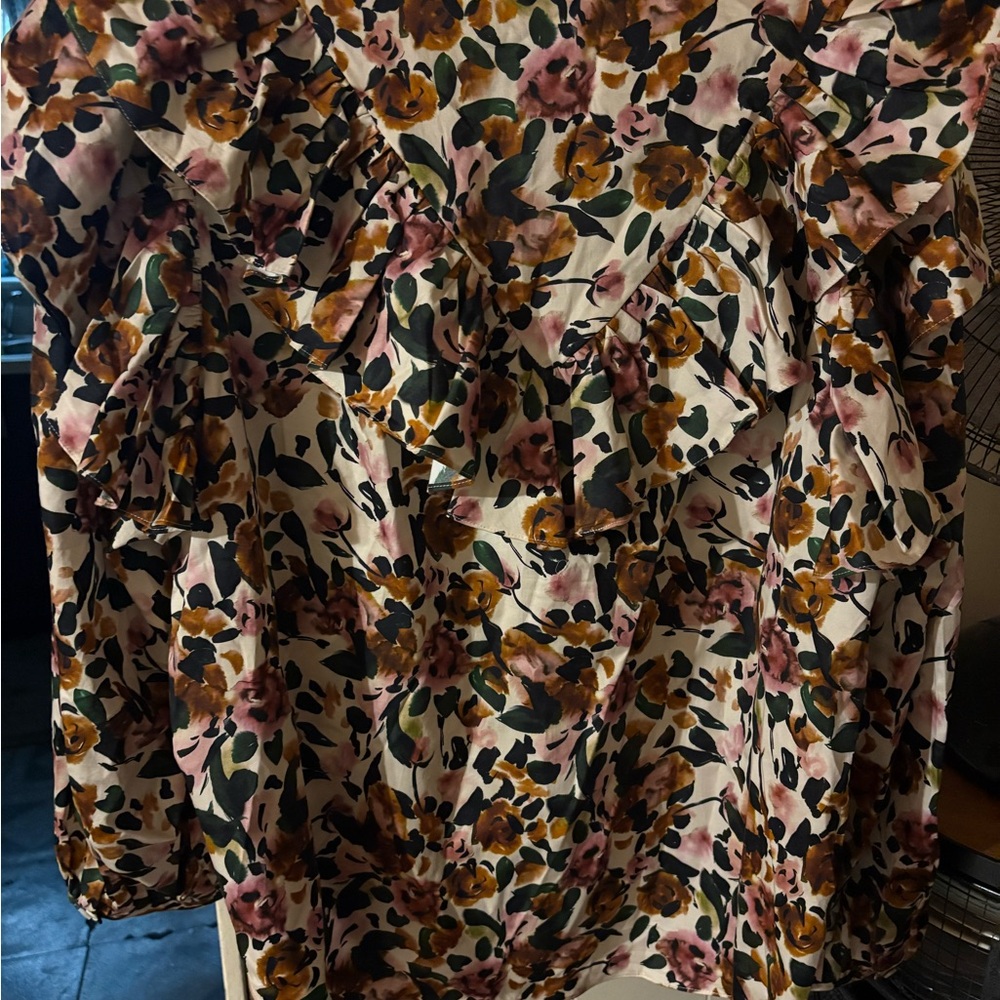 Floral Ruffle Blouse in Cream, Mustard & Pink